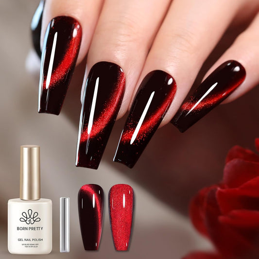Born Pretty Cat Magnetic Eye Gel Nail Polish, Red Holographic Glitter Shiny Sparkle Crystal Gel Nail Polish Magnetic Nail Polish Salon DIY at Home 15mL | alldaygood beauty