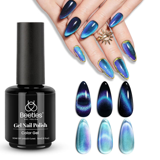 Beetles Blue Cat Eye Gel Nail Polish - 15ML Glitter Blue Chameleon Sparkle Holographic Nail Polish with Magnet Translucent Mystical Aura Gel Soak Off UV LED Nail Lamp Nail Art Manicure Salon DIY Home | alldaygood beauty