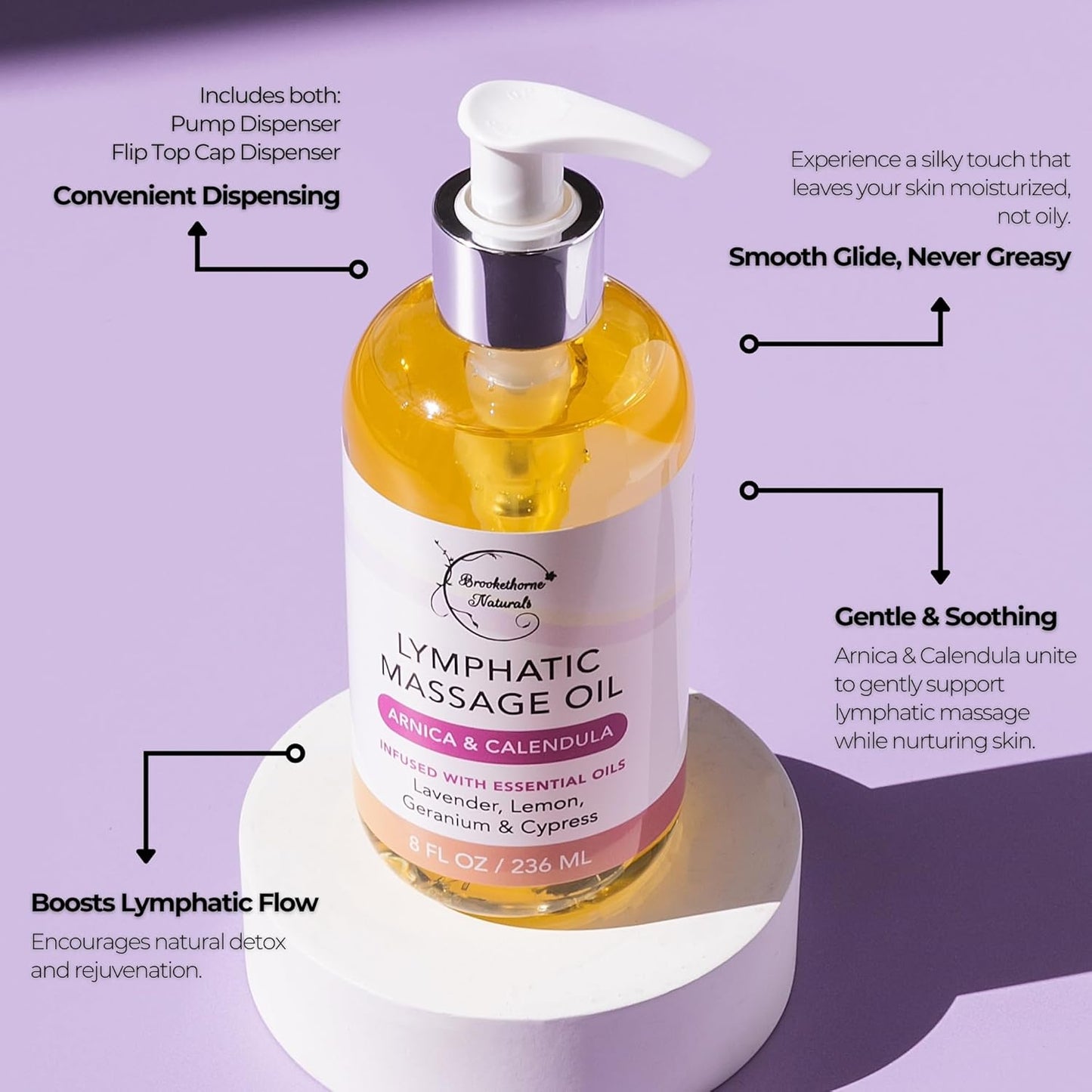 Lymphatic Massage Oil for Massage Therapy & Natural Lymphatic Drainage | Premium Quality with Arnica & Lavender Oil | for Post Surgery Recovery & Detox | 8oz by Brookethorne Naturals