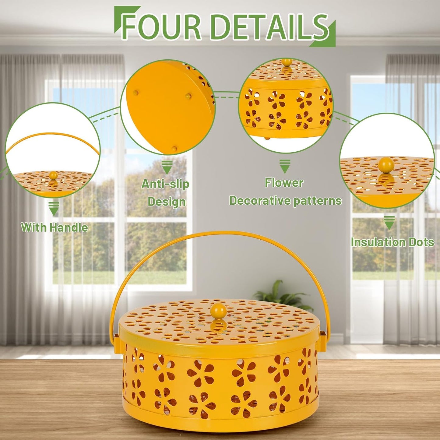 Portable Iron Mosquito Coil Holder with Handle Round Heat-Resistant Incense Holder (Yellow)