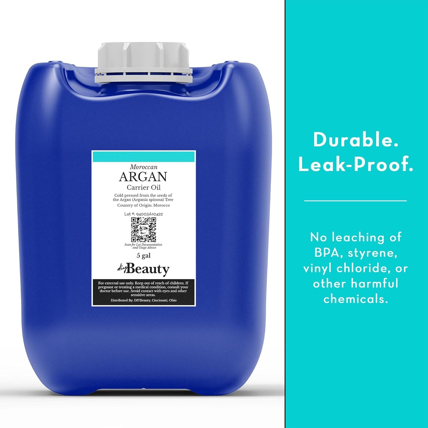 DIYBeauty Bulk Argan Oil - Large 2.5 Gallon Jerrican - Natural, Cold Pressed, 100 Percent Pure Argan Oil for Homemade Hair, Face and Skin Products - Light Aceite de Argan Carrier Oil