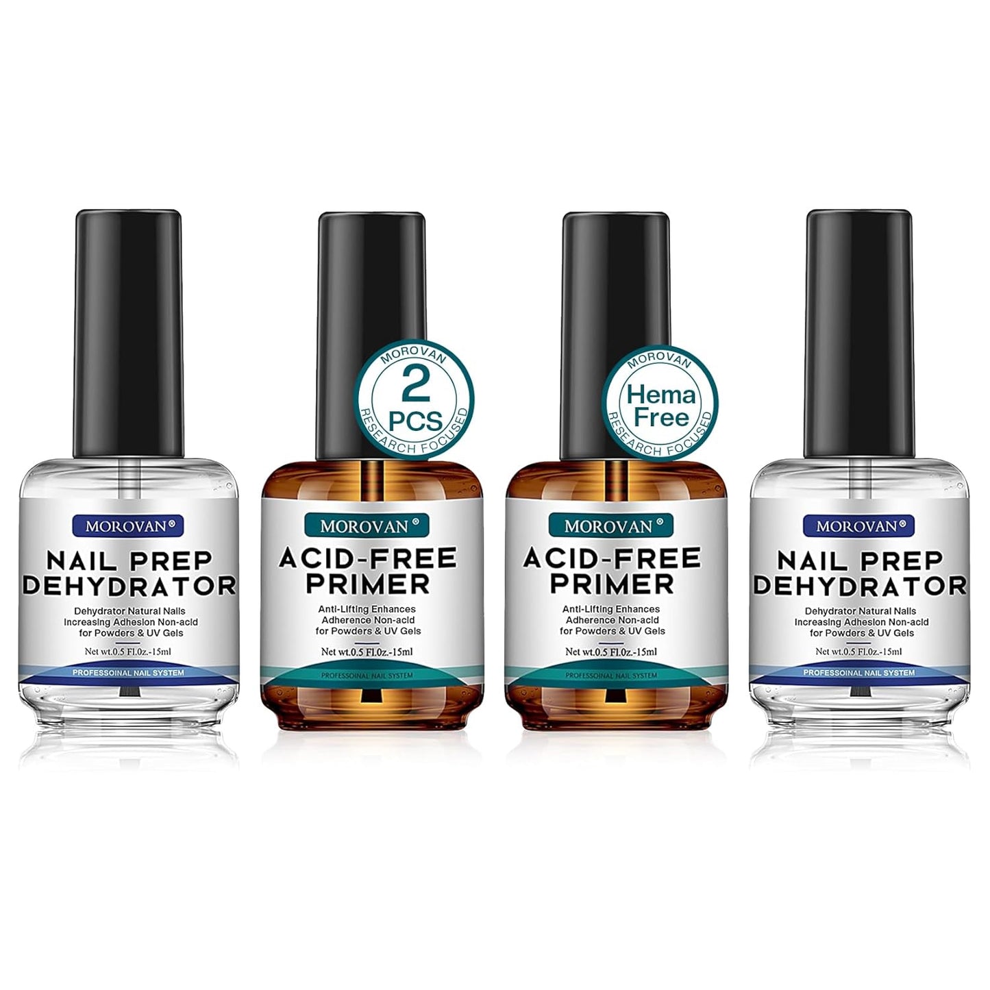 Morovan Nail Prep Dehydrator and Primer, Natural 4 PCS Dehydrator & Acid-Free Bond Primer for Acrylic Powder U V Extension Gel Nail Supplies Set