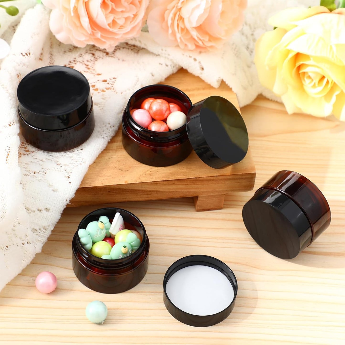 SATINIOR 36 Pieces 4 oz Plastic Jars with Lids Wide Mouth Airtight Reusable Container Acrylic Cosmetic Small Jars for Lotions Ointments Travel Toiletries Creams Make up Storage(Amber)