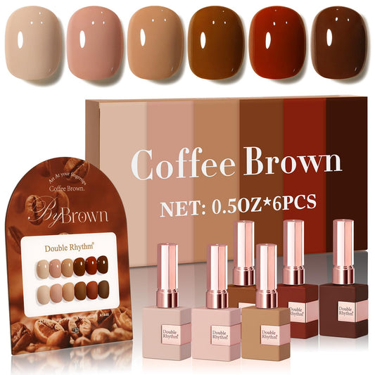 Double Rhythm 6 Pcs 15 ML Gel Polish Set Same Color Same Bottle Soak Off Gel Polish Kit Nail Art Manicure Salon DIY at Home for Women (Coffee Brown Nude Red Beige Pink-T6-5) | alldaygood beauty
