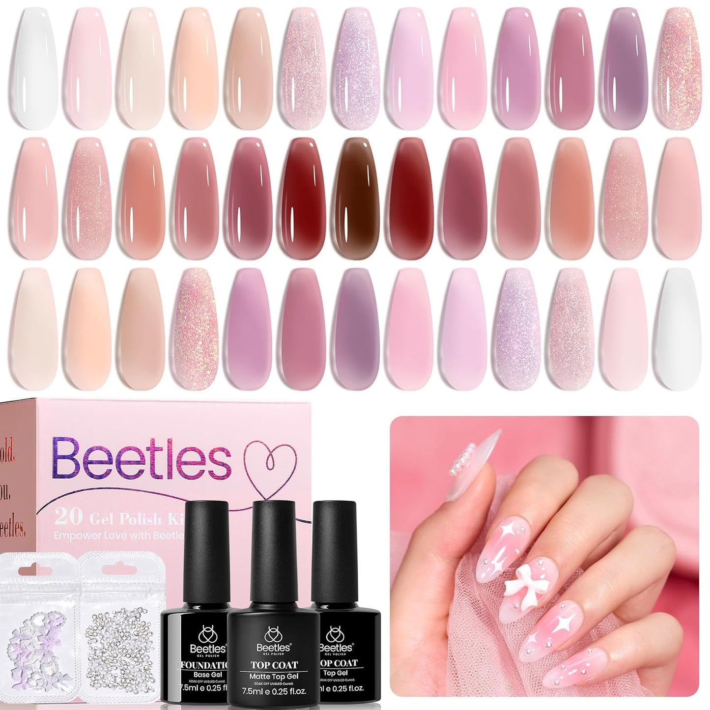 Beetles Jelly Gel Nail Polish Set, 25PCS 20 Colors Sheer Neutral Nude Pink Glitter Milky White Gel Nail Kit Soak Off UV with Base Glossy Matte Top Coat Pearls Rhinestones Nail Charms Gift for Women