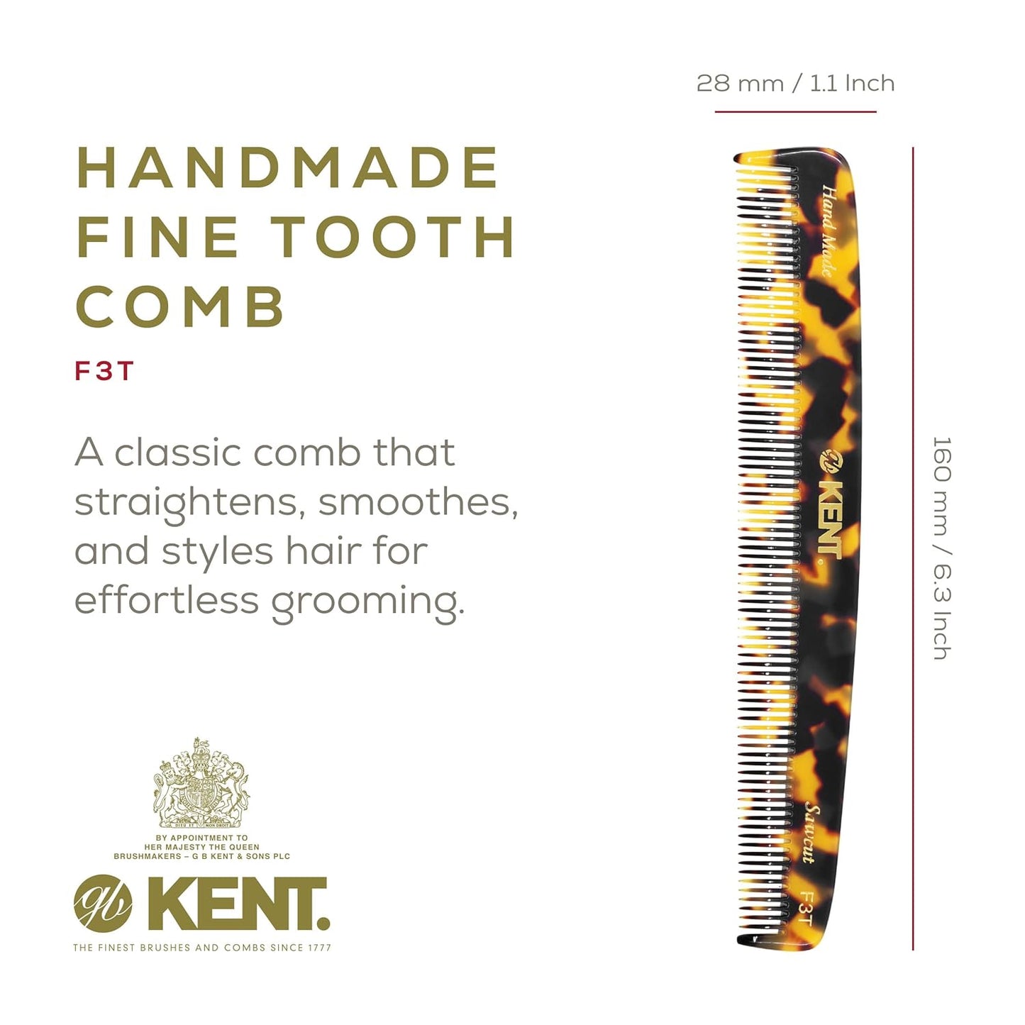 Kent F3T TY Fine Tooth Comb for Hair Parting, Handmade Combs for Men and Straightening Comb for Women, Dandruff Remover Kent Mens Combs for Fine Hair