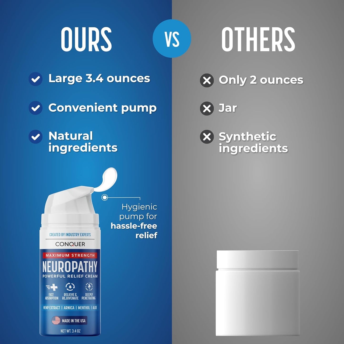 Conquer Neuropathy Cream - Powerful Relief Foot Cream for Neuropathy with Natural Arnica, Aloe Vera, Hemp Extract, Menthol - Maximum Strength Cooling & Soothing - 3.4oz Large Size (Pack of 2)