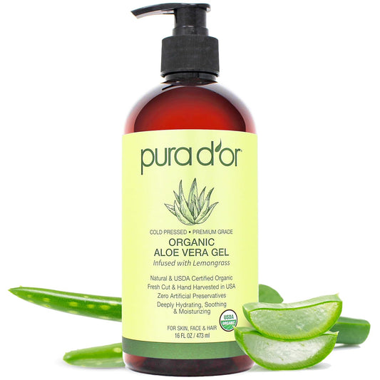 PURA D'OR 16 Oz ORGANIC Aloe Vera Gel - Lemongrass - All Natural - ZERO Artificial Preservatives - Deeply Hydrating & Moisturizing - Sunburn, Bug Bites, Rashes, Small Cuts, Eczema Relief - Skin & Hair | alldaygood beauty