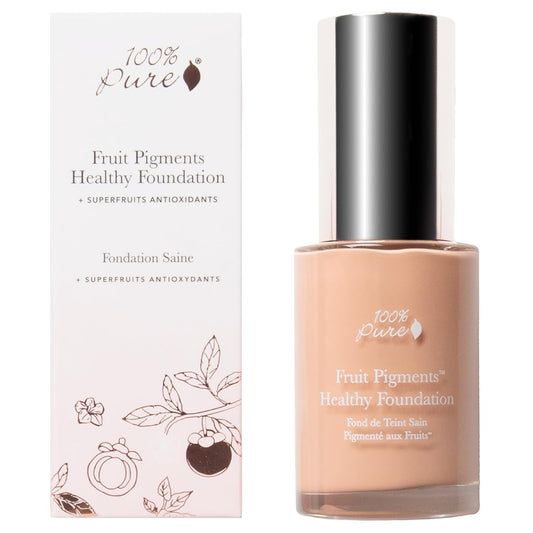 100% PURE Healthy Foundation Full Face Coverage Makeup, Liquid Matte Finish with Anti-Aging Benefits - Vegan Gorgeous Fruit Pigmented Sand Color (Light Medium with Neutral Undertone) - 1 Fl Oz | alldaygood beauty