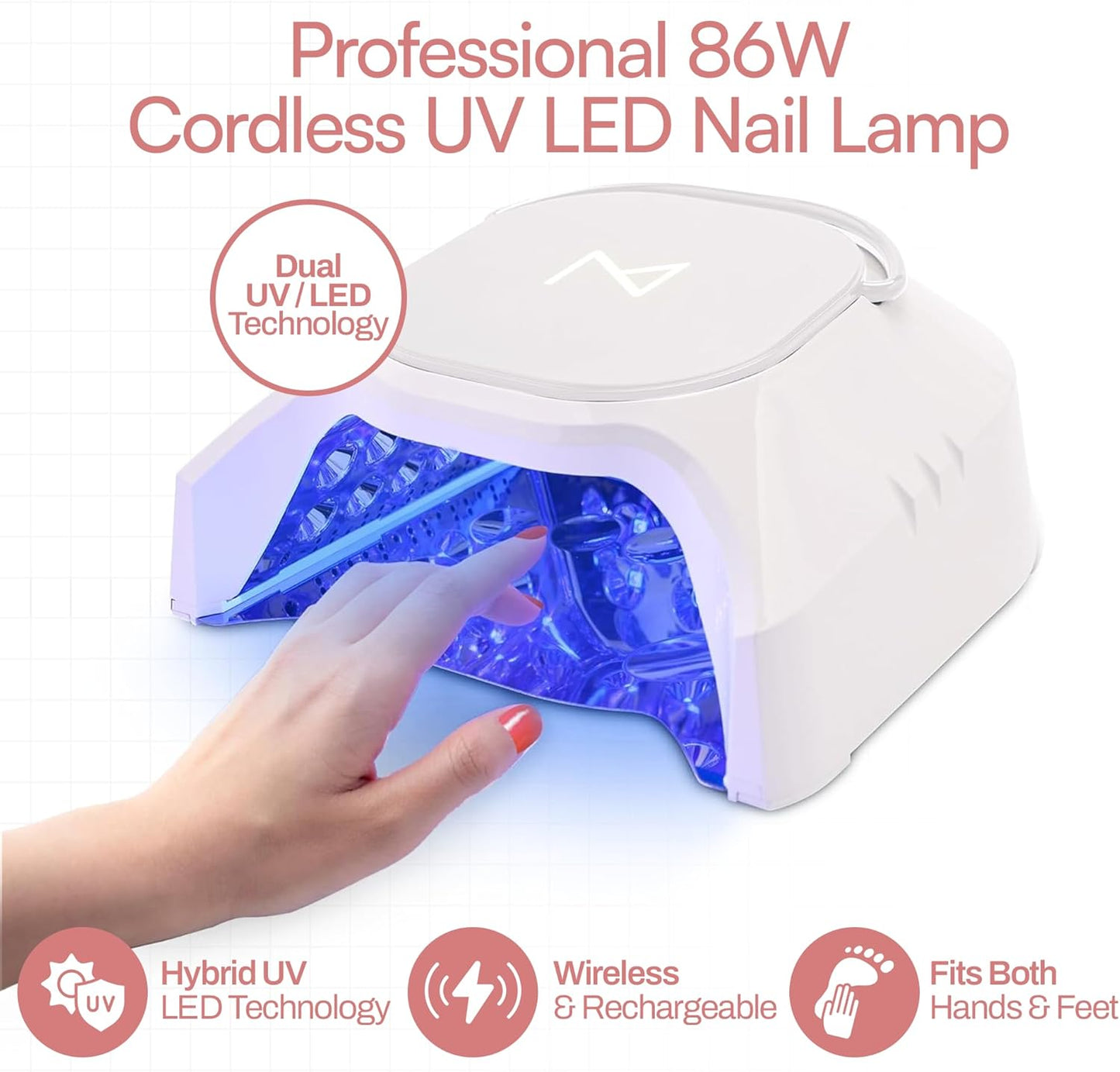 M - GlowPro Professional Hybrid 86W Wireless Rechargeable UV LED Nail Curing Lamp Cordless Nail Dryer for Gel Nails, Manicure, Pedicure (Black)