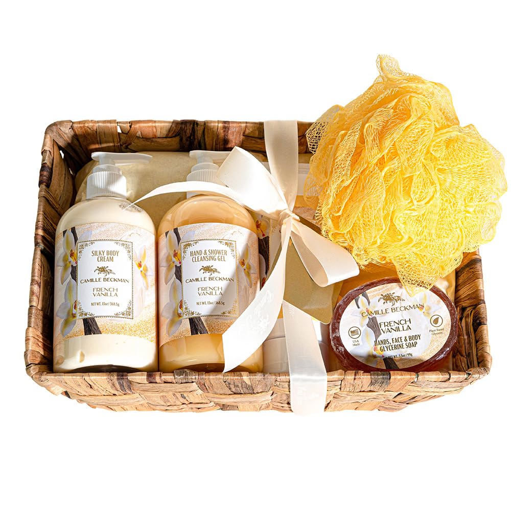 Camille Beckman Essentials Gift Basket, French Vanilla, Glycerine Hand Therapy 6 oz, Silky Body Cream 13 oz, Hand and Shower Cleansing Gel 13 oz, Glycerine Soap 3.5 oz