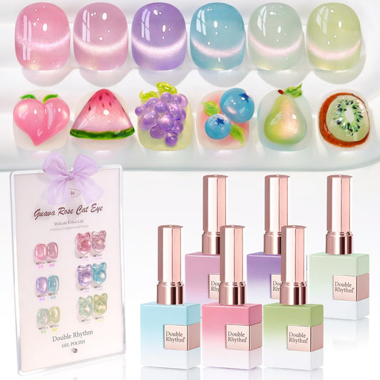 Double Rhythm Cat Eye Gel Nail Polish Set of 6 Same Color Same Bottle 0.5 Oz Shimmer Glitter with Magnet Holographic Reflective Magnetic UV Nail Polish Kit at Home (Rose Green Pink Purple-T6-46) | alldaygood beauty