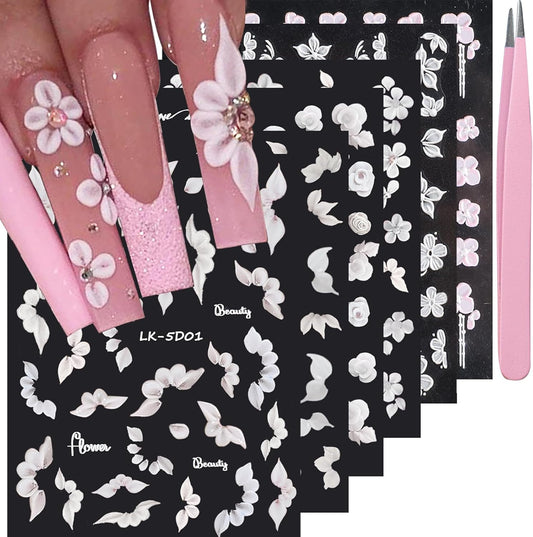 6 Sheets Flower Nail Stickers for Nail Art 5D Embossed Engraved Nails Decals 3D Spring Summer Supplies Accessories Self-Adhesive Nails DIY Design Decoration for Women and Girls | alldaygood beauty