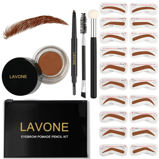 LAVONE Eyebrow Stamp Stencil Kit for Eyebrows, Brow Stamp Trio Kit with Waterproof Eyebrow Pencil, Eyebrow Pomade, 20 Eyebrow Stencils, Dual-ended Eyebrow Brush and Sponge Applicator - Caramel