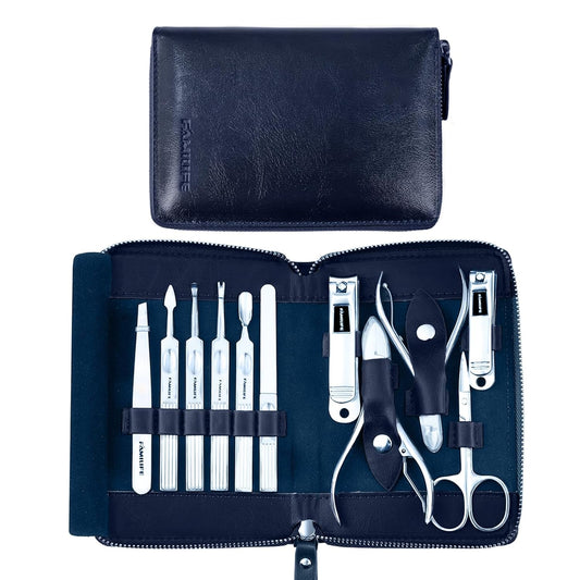 Manicure Kit, FAMILIFE Professional Manicure Set Nail Kit, 11 in 1 Stainless Steel Nail Clippers Set for Men Pedicure Kit, Men Grooming Kit with Portable Blue Leather Travel Case Luxury Gifts for Him | alldaygood beauty