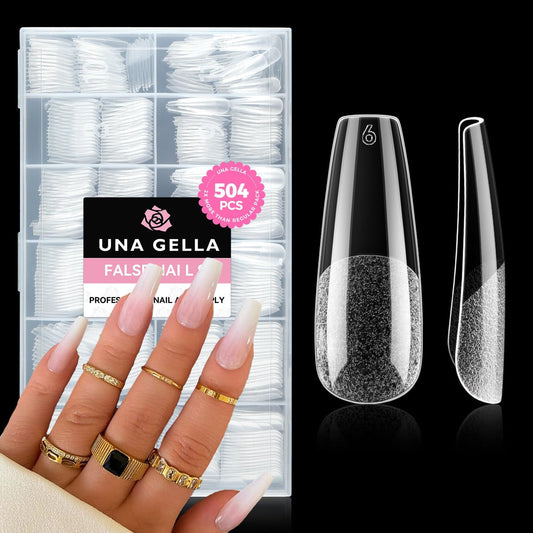 UNA GELLA Long Coffin Nail Tips, 504pcs Pre-Shape Fake Nails Half Matte Full Cover Acrylic Gel Nail Tips Clear Long Coffin Press On Nails Home DIY Extension 12 Sizes Gelly Tips | alldaygood beauty
