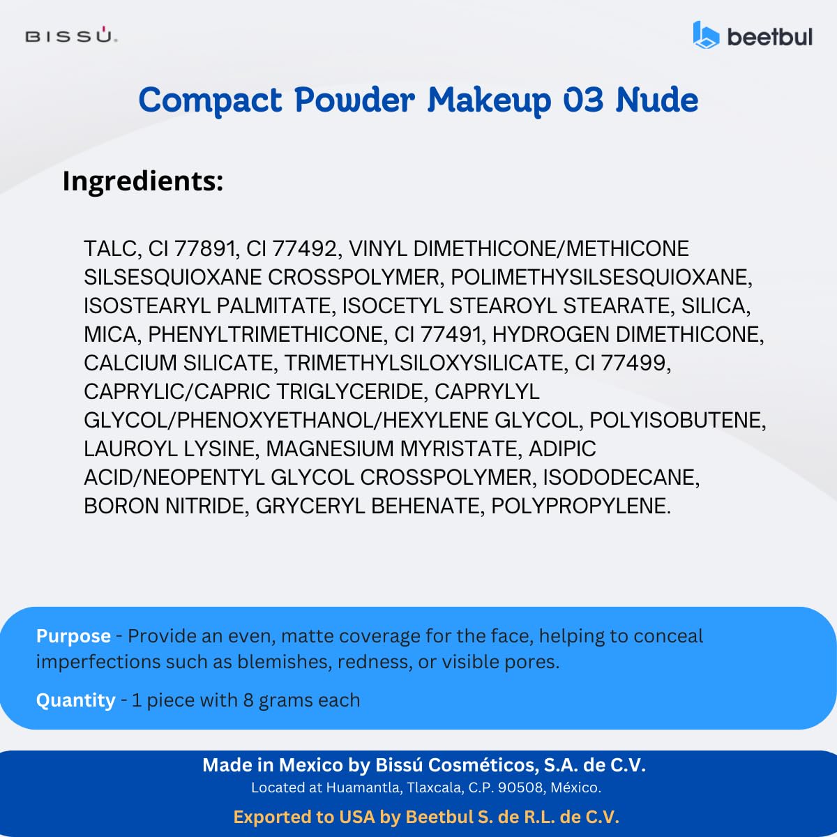 Beetbul Makeup & Exfoliation Kit - Bissú Compact Powder + 1 Medium Velvet Puff + 2 Finger Puffs + 1 Facial Exfoliating Sponge (03 Nude, One Size)