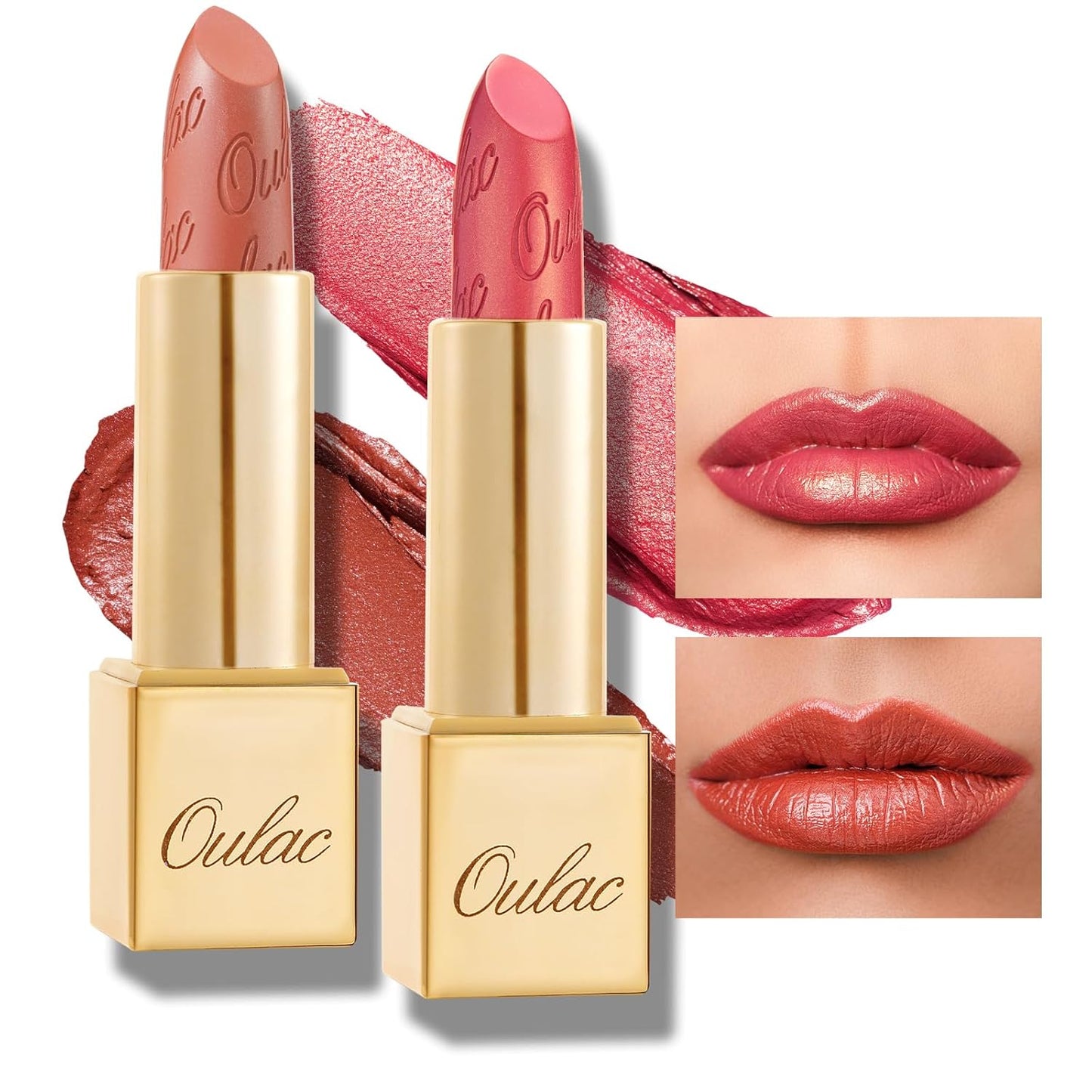 Oulac Metallic Orange & Coral Pink Lipstick Set - 2PCS Vegan Lightweight Hydrating Formula with High Impact Lip Color for Full Coverage Lip Makeup, Christmas Gifts for Women, 05+25
