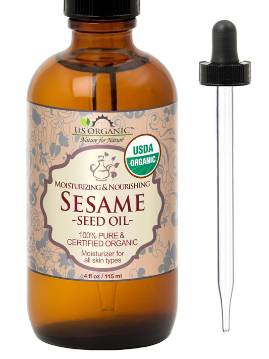 US Organic Sesame Seed Oil, USDA Certified Organic, Untoasted, Unrefined Virgin, 100% Pure & Natural, Cold Pressed, in Amber Glass Bottle w/Glass Eye dropper, Sourced from Mexico (4 oz (Large)) | alldaygood beauty