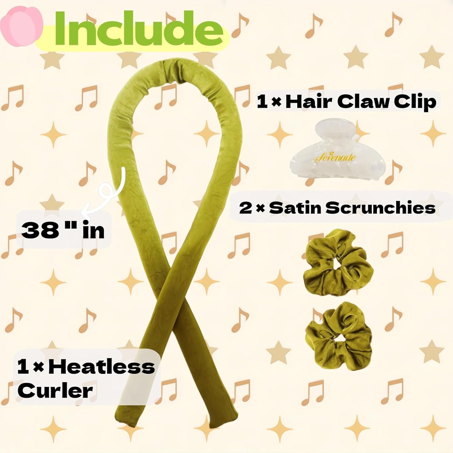 Serenade Textured Satin Heatless Curls Overnight, Heatless Hair Curler Curling Set for Women and Girls to Sleep in, with 2 Satin Scrunchies and 1 Clip for Overnight Curls, Green