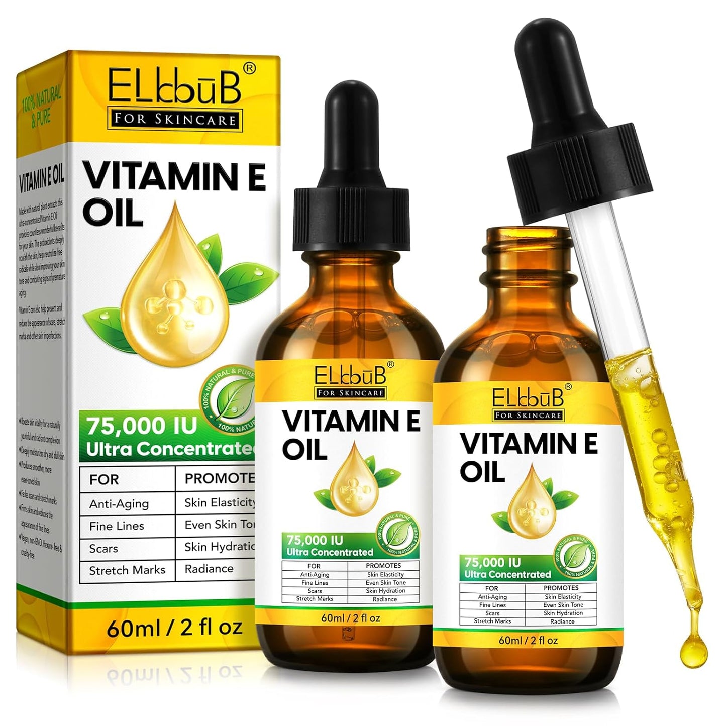 Vitamin E Oil - 75,000 IU Ultra Concentrated - Moisturizes, Fades Scars & Stretch Marks, Anti-Aging & Skin Hydration - for Face, Body, Hair, and Nails