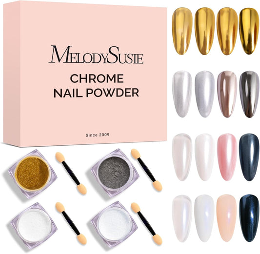 MelodySusie 4Pcs Chrome Nail Powder for Gel Nails, Aurora Fine Glitter Powder Mirror Effect Pigment Pearlescent Mermaid Pigment Pearl Glitter for Home DIY Salon Use | alldaygood beauty