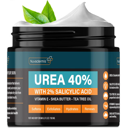 NUVADERMIS Urea Cream 40 Percent for Feet Maximum Strength - 40% Urea Foot Cream for Dry Cracked Heels and Feet - 2% Salicylic Acid, Shea Butter, Tea Tree Oil, Vitamin E - 5.3 fl oz | alldaygood beauty