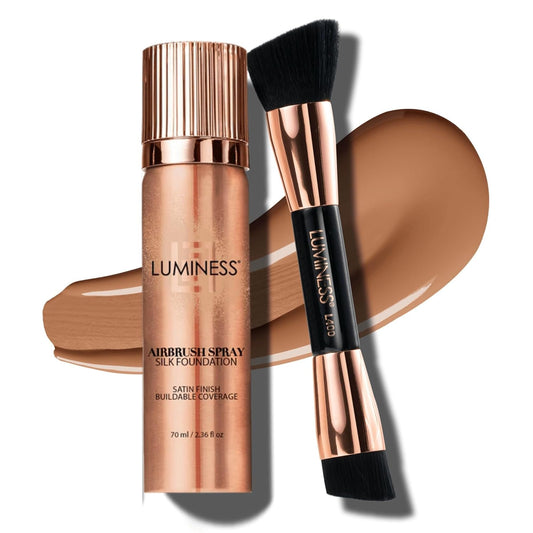 LUMINESS Silk Airbrush Spray Foundation & Buffing Brush Kit – Full Coverage Foundation & Dual-Sided Buffing Brush - Buildable Coverage, Anti-Aging Formula Hydrates & Moisturizes (Shade - Light Tan) | alldaygood beauty