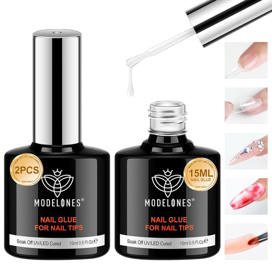 modelones 9 in One Gel Nail Glue Brush On Nail Glue 15 ml for Tips, Rhinestones, Base Coat, Blooming Art Gel Kit for Press on Nails Acrylic Tips U V Lamp Needed 2Pcs