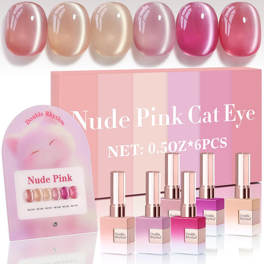 Double Rhythm Cat Eye Gel Nail Polish Set of 6 Same Color Same Bottle 0.5 Oz Shimmer Glitter with Magnet Holographic Reflective Magnetic UV Nail Polish Kit at Home (Nude Pink Rose-T6-30) | alldaygood beauty