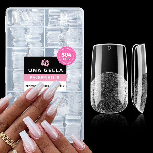UNA GELLA Square Fake Nails, 504pcs Gel Nail Tips Clear Press on Nails Pre-shape for Full Cover Square Nails French False Nails For Nail Extension Nail Art Home DIY 12 Sizes False Gelly Tips | alldaygood beauty