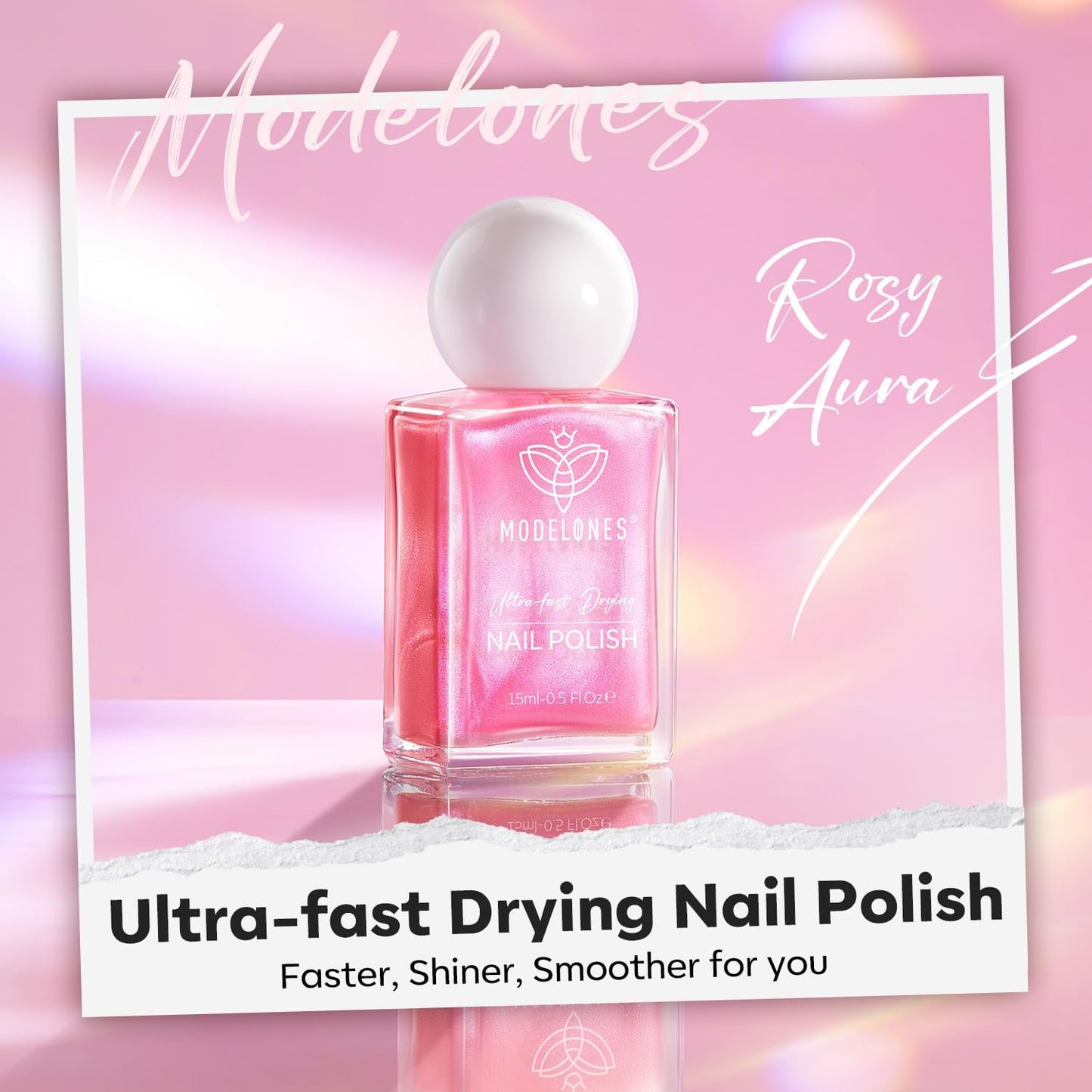 modelones Shine Pink Nail Polish, 15ml Shimmer Pearl Pink Nail Polish Quick Dry Nail Lacquer Strengthener Long Last Shine Fingernail Toe Nail Art DIY Home Travel Manicure Gift for Women Girls