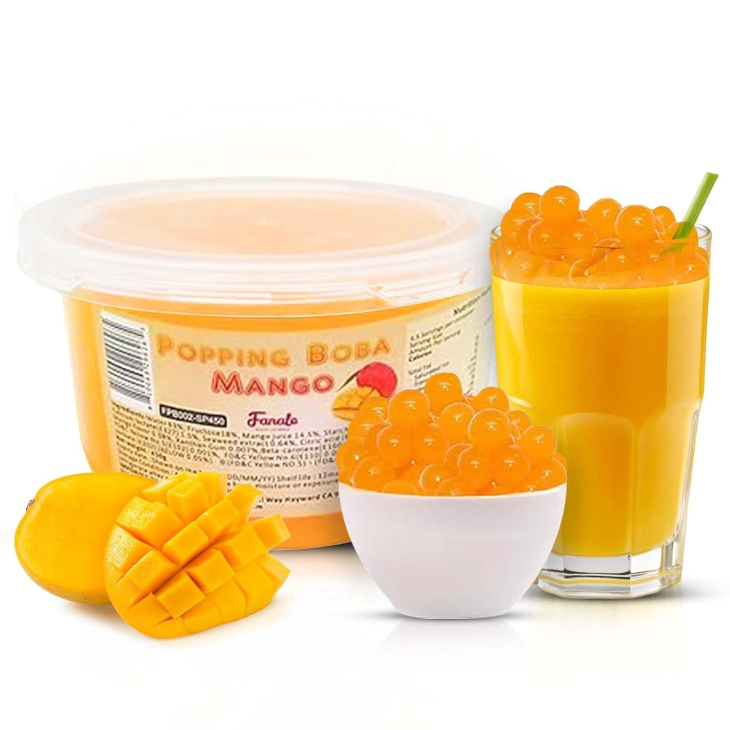 Fanale Mango Popping Boba Pearls, Vegan, Non GMO, Gluten Free, Fat Free, Perfect for Bubble Tea, Smoothies, Ice Cream, Desserts, and Beverages 1lb x 12.