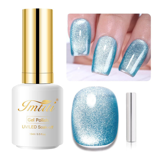 Imtiti Gloss Blue Cat Eye Gel Polish,0.5fl oz Holographic Glitter Magnetic Gel Polish with Magnetic Stick for Nail Salon DIY | alldaygood beauty