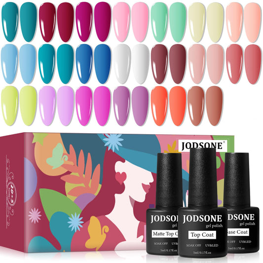 JODSONE 23 PCS Gel Polish Kit Colorful Fashion Classic Nail Gel Set 3 Bottles of Base Coat Matte and Glossy Top Coat | alldaygood beauty