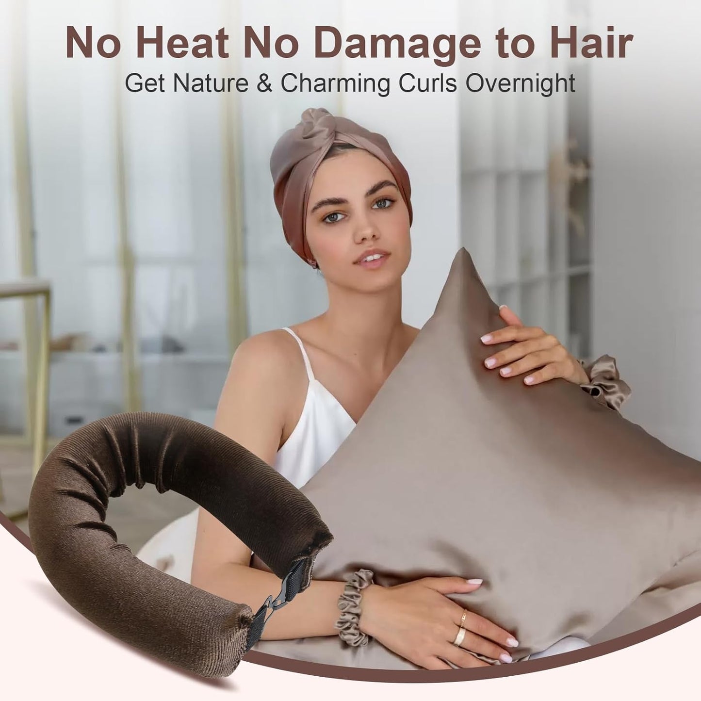 4 PCS Heatless Hair Curler Set - Overnight Use Curling Rods with Silk Scarf for All Hair Types, No Heat Natural Waves Curls without Damage, Brown