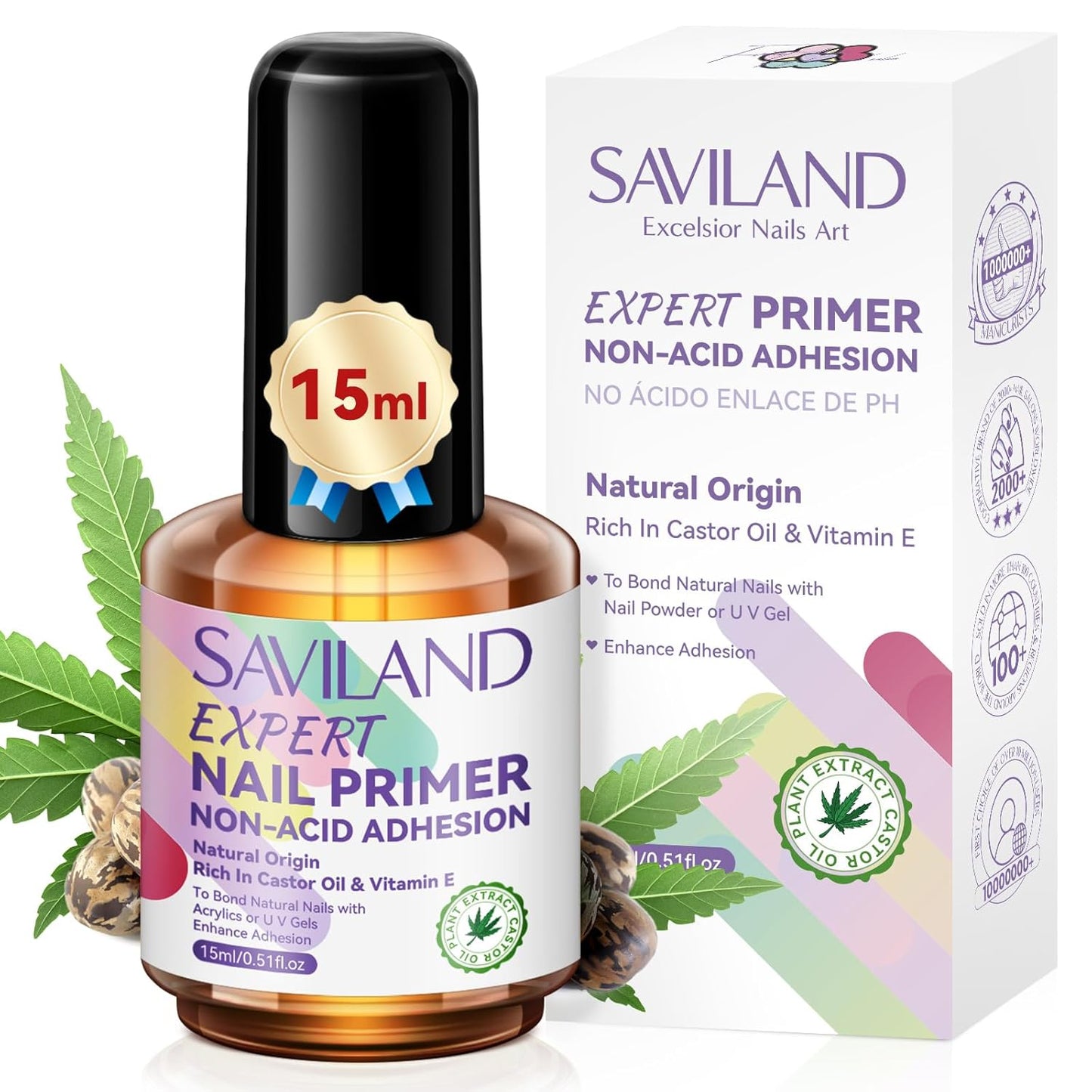 SAVILAND Nail Primer No Lift: 2024 Acid Free Primer Nail Prep Bond with Vitamin E Ingredient Castor Oil for Gel Acrylic Dip Nails, Ultra-Strong Adhesion Protein Nail Bond Nail Supplies Home Salon