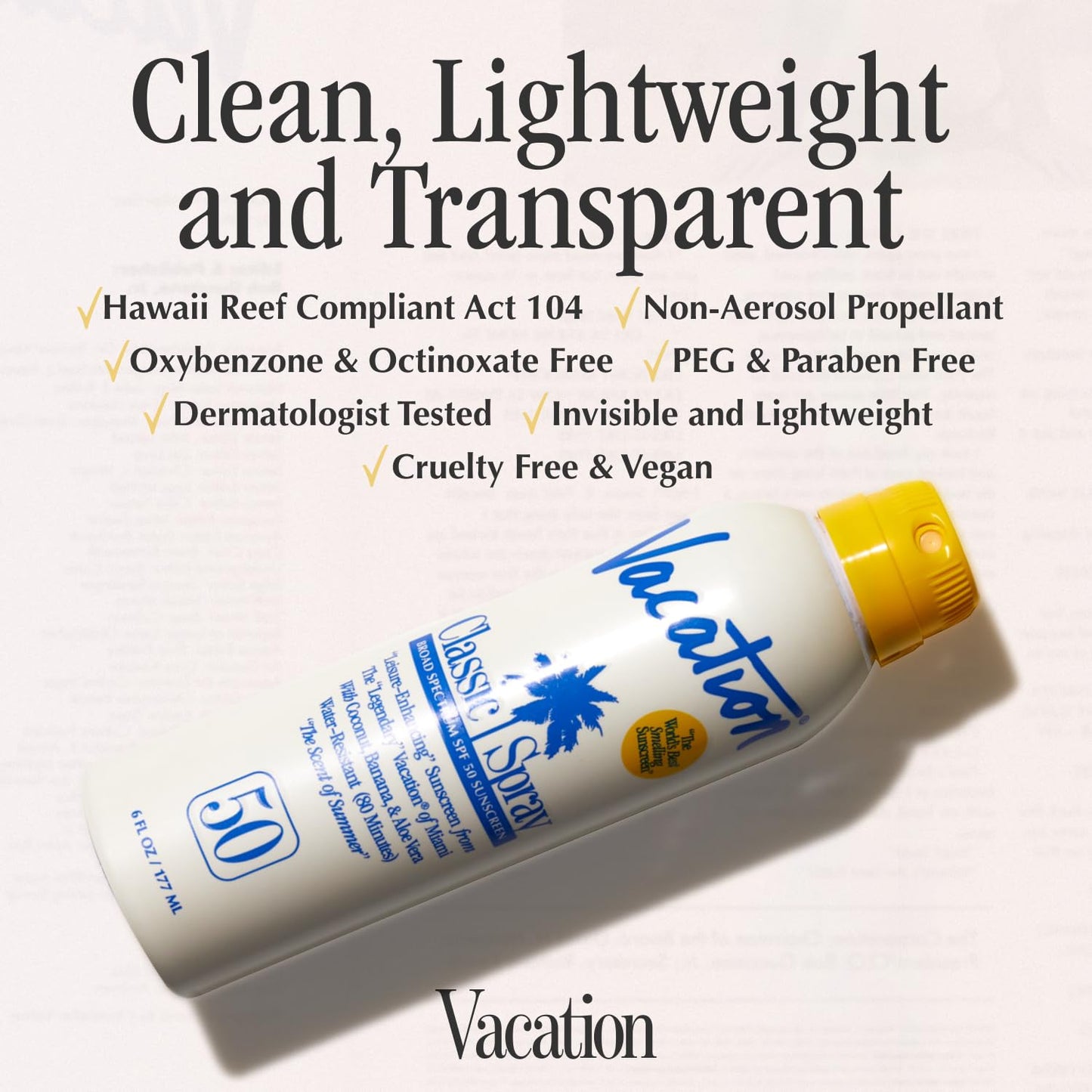 Vacation Classic Sunscreen Spray SPF 50, Water-Resistant, Lightweight, Transparent on All Skin Tones, Dermatologist-Tested, Vegan, 6 Fl. Oz. (Value Pack of 3)