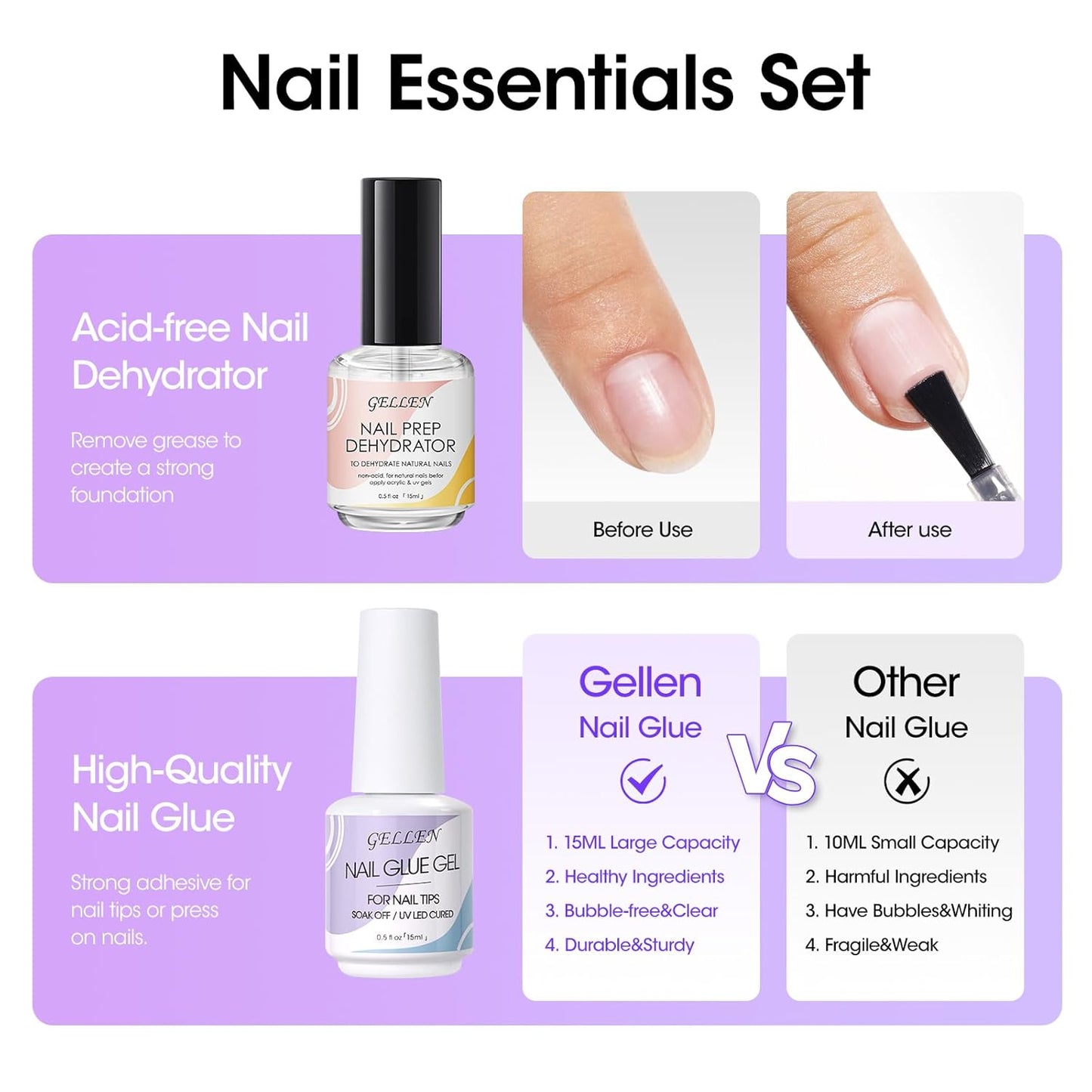 Gellen Gel Nail Glue and Nail Dehydrator, 15ml Nail Gel Glue for False Nail Tips and Clear Press on Nails, Acid Free Nail Prep Dehydrator, Soak Off UV Led Lamp Needed Strong Adhesive Nail Gel