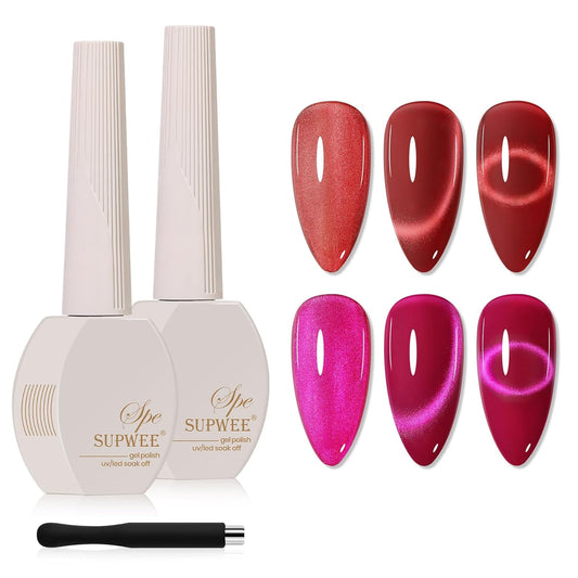 2PCS 15ML Cat Eye Gel Polish, Hot Pink Red Glass Moonlight Cateye Gel Nail Polish with Magnetic Stick Shimmer Glitter Effect Soak Off Salon DIY at Home | alldaygood beauty