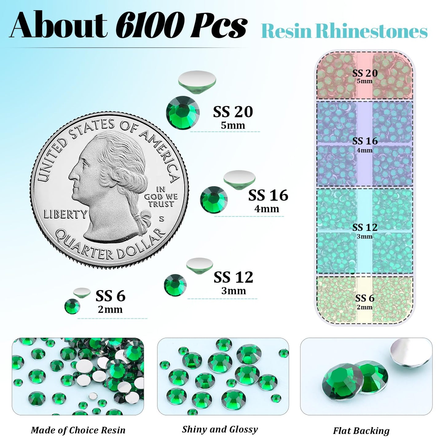 6100Pcs Resin Rhinestones for Crafting with 2Pcs 10ml B7000 Jewelry Glue, 1 Box Flatback Crystals Diamond (Emerald Green) for Bedazzling Crafts DIY Nail Art Non Hotfix Gems for Clothing Shoes