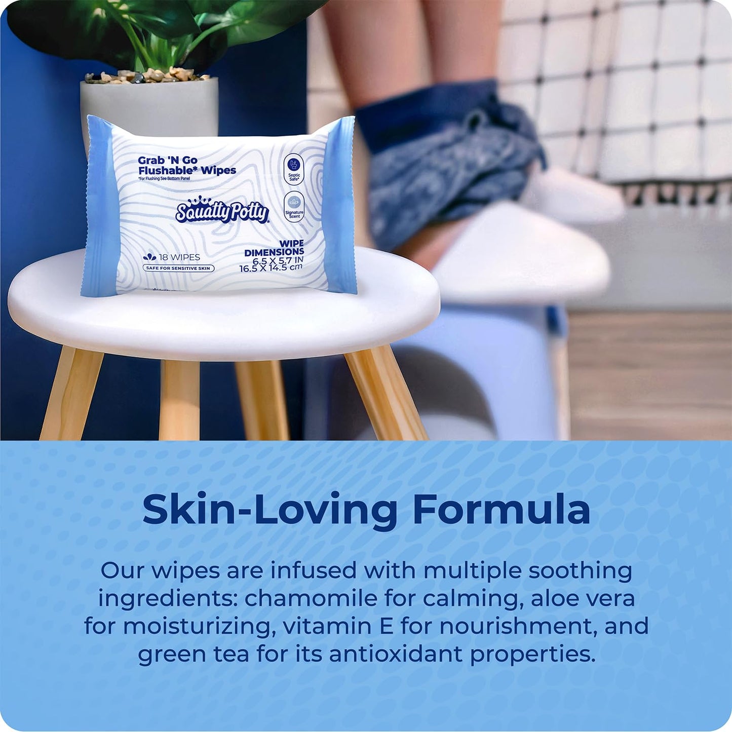 Squatty Potty Flushable Wipes - 3 Pack (54 Total Wipes) - 99% Water & Plant-Based - Green Tea, Cucumber & Aloe Spa Scent - pH Balanced - Septic Safe Adult Wet Wipes