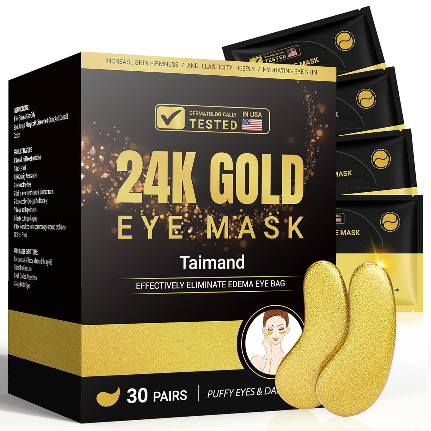 Under Eye Patches (30 Pairs), 24K Gold Under Eye Mask for Puffy Eyes, Dark Circles, Bags and Wrinkles with Collagen, Relieves Pressure and Reduces Wrinkles, Revitalises and Refreshes Your Skin