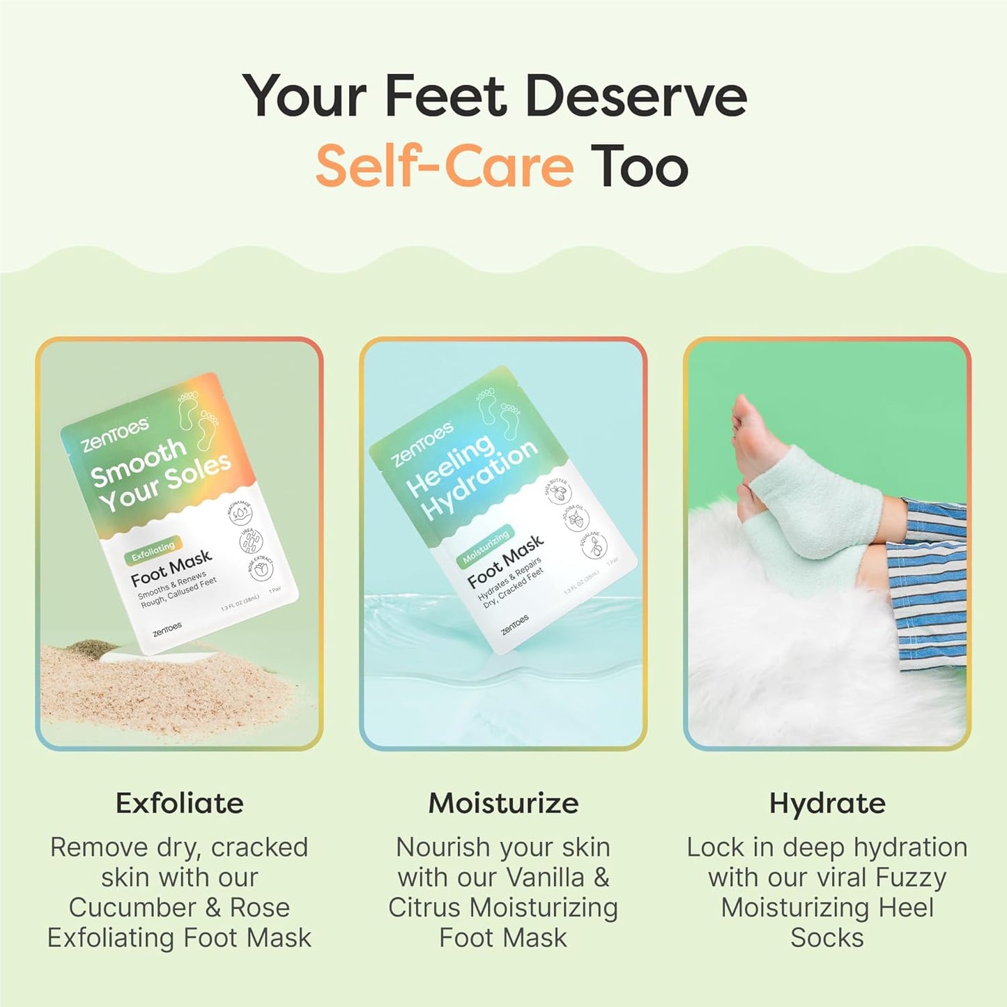 ZenToes Exfoliating Foot Mask for Dry Cracked Feet | Urea, Niacinamide & Rose Extract Infused No Harsh Foot Peeling Mask | Spa Experience At Home | Mess Free Design | Cucumber Rose Scented, 3 Pairs