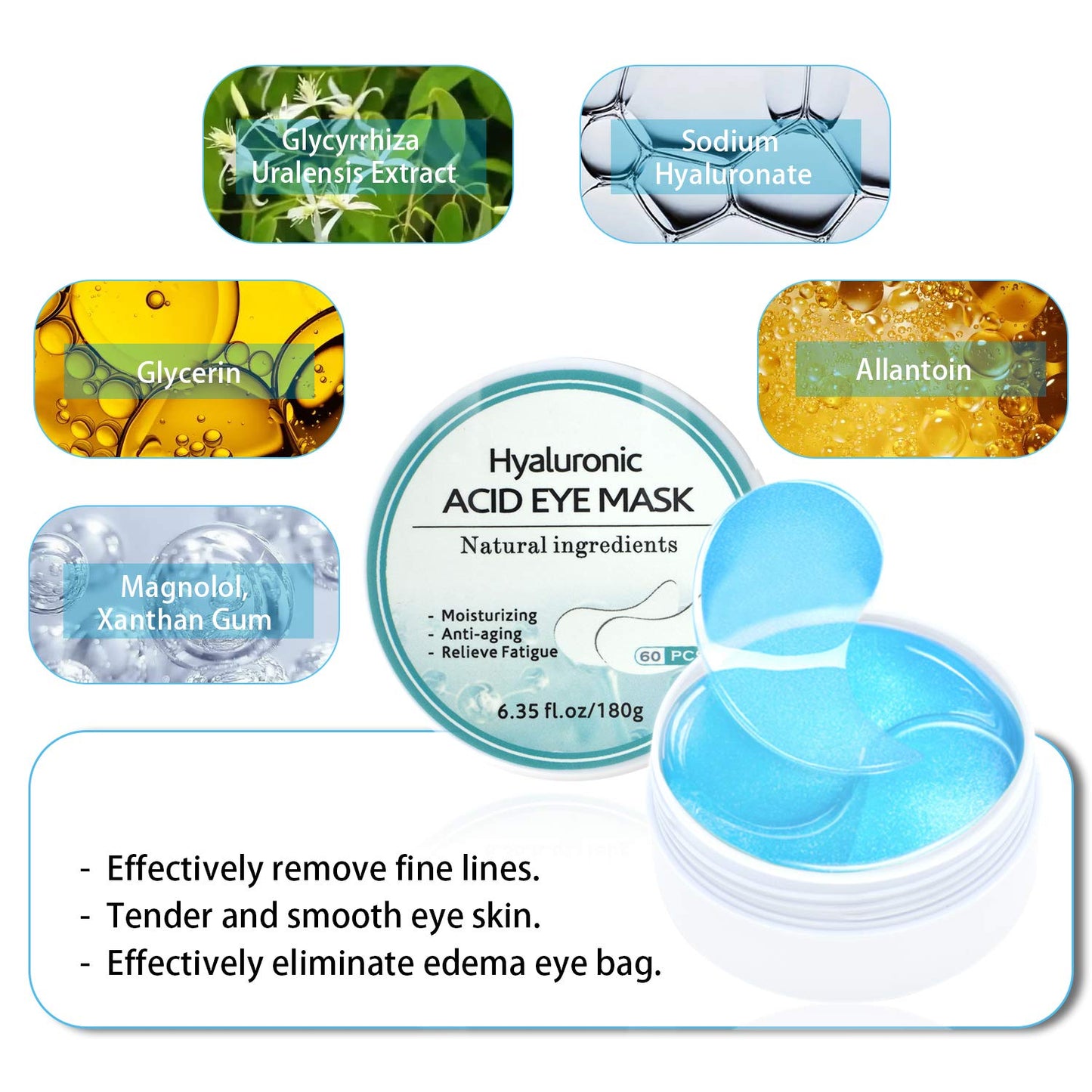 Under Eye Patches, Hyaluronic Acid Eye Mask Moisturizing, 60PCS Gel Eye Masks Pads With Collagen Eye Treatment for Reducing Dark Circles, Wrinkles Anti-Aging, Fine Lines Eye Bags Puffiness Women Men