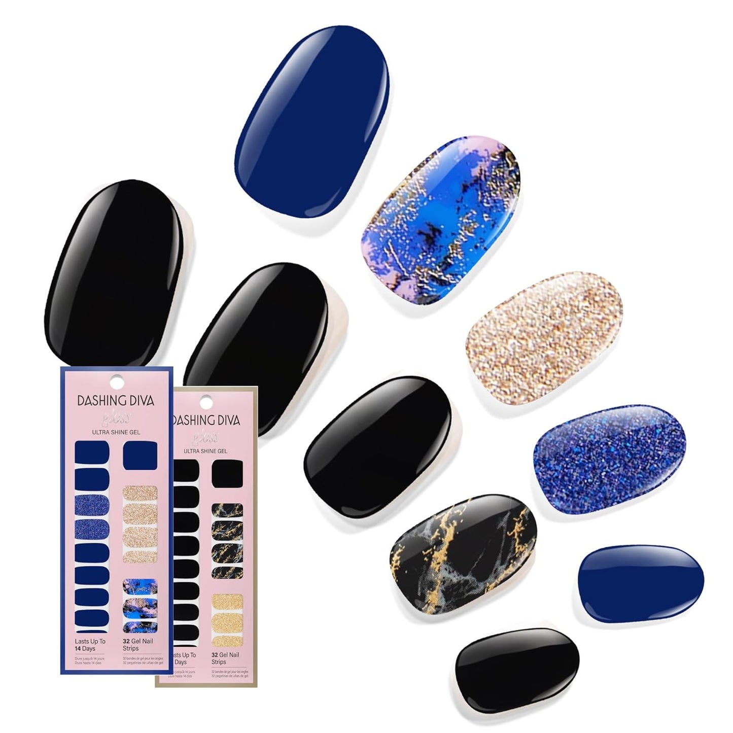 Dashing Diva Gloss Nail Strips Bundle - The Dark Marble Collection- Blue Vixen & Black Obsidian - UV Free, Chip Resistant, Long Lasting Gel Stickers - Contains 2 Sets