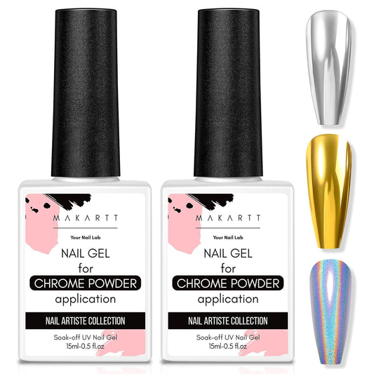 Makartt Gel Top Coat for Chrome Nail Powder - 2 Pcs 15ml Clear No Wipe High Gloss Top Coat Gel Nail Polish Mirror Shine Long Lasting Easy Application, Soak off UV Lamp, DIY Home Salon Art Design | alldaygood beauty