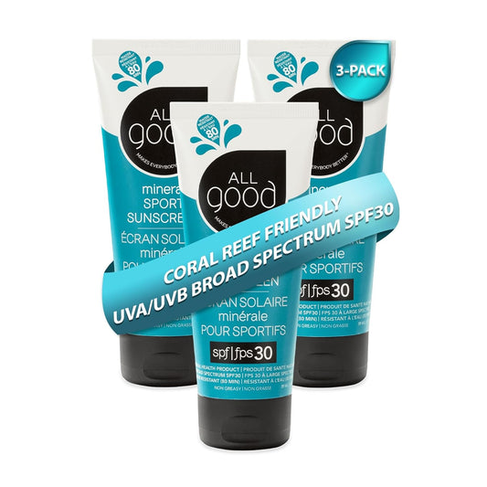 All Good Sport Mineral Sunscreen Lotion - Coral Reef Friendly, Water & Sweat Resistant, Face & Body, UVA/UVB Broad Spectrum SPF 30+ (3 oz)(3-Pack) | alldaygood beauty