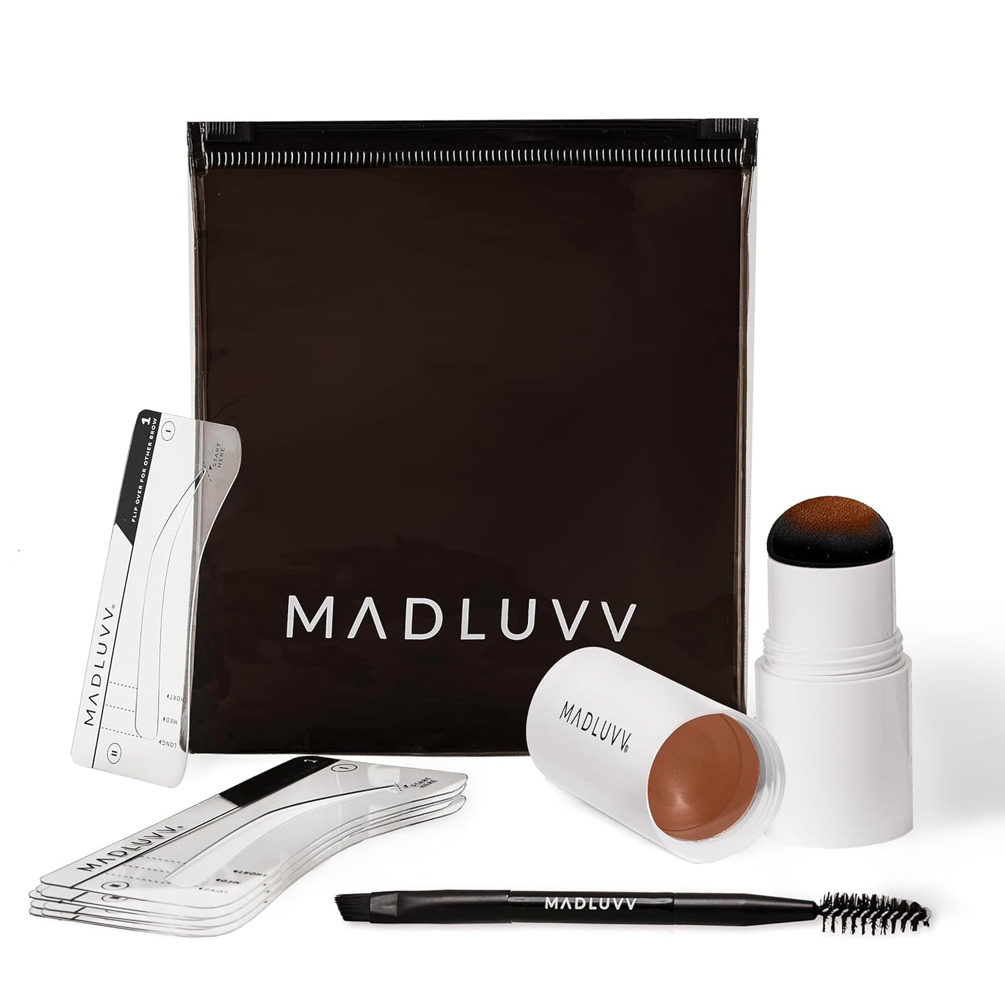 MADLUVV Brow Stamp Kit with Brow Stencils – Easy Eyebrow Shaper for Natural-Looking Brows – Popular Eyebrow Stencil Kit Used by Professionals – 9 Shapes, Spoolie, Travel Bag & Stamp (True Red)