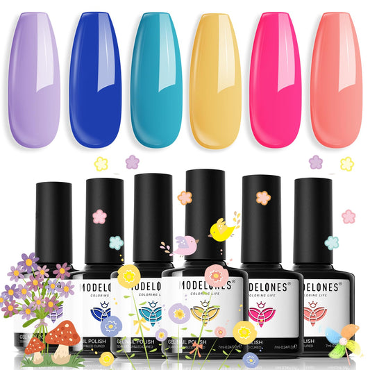 modelones Gel Nail Polish Set - 6 Colors Neon Bright Gel Polish Hot Pink Royal Blue Purple Turquoise Peaches Coral Yellow Nail Polish Soak Off LED Manicure DIY Salon Gift Unisex | alldaygood beauty